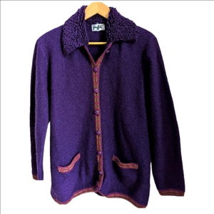 VINTAGE Purple Wool Boucle Knit Cottagecore Removable Collar Cardigan Medium